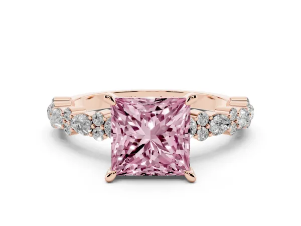 Fancy Pink Princess Cut Diamond Side Stone Solitaire Ring with Round and Four-Prong Setting Rose gold