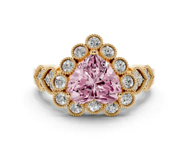 Fancy Pink Heart Cut Brilliant Milgrain Pave Heart Band Solitaire Ring Yellow gold
