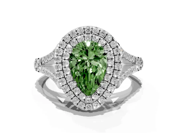 Fancy Green Pear Cut Diamond Double Halo Ring with Split Shank and Prong Setting White gold