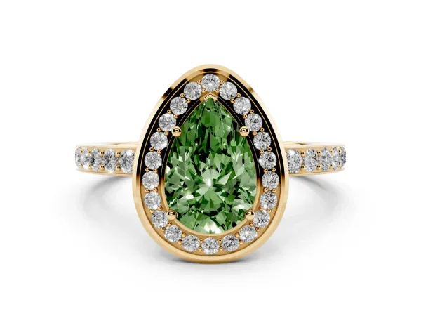 Fancy Green Pear Cut Diamond Halo Ring with Bezel Frame and Pavé Band Yellow gold