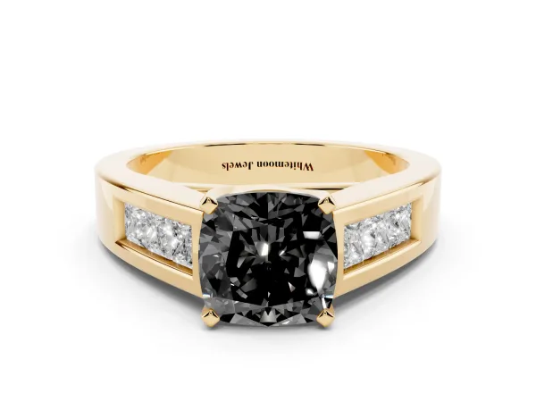 Fancy Black Cushion Cut Cut Channel Set Solitaire Ring with Four-Prong Setting Yellow gold