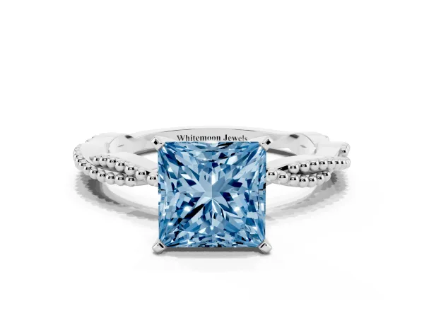 Fancy Blue Princess Cut Solitaire Twisted Band with Bead Prong Setting Platinum