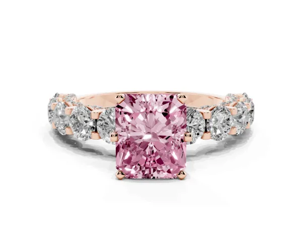 Fancy Pink Radiant Cut Diamond Side Stone Engagement Ring with Four-Prong Setting Rose gold