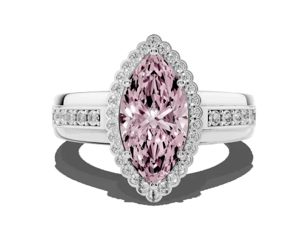 Fancy Pink Marquise Cut Cut Halo Pave Band Four-Prong Ring Platinum