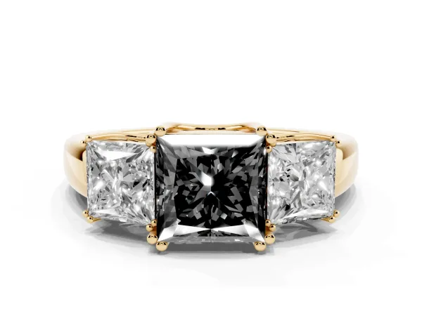 Fancy Black Three-Stone Princess Cut Cut Diamond Ring with Channel Set Band and Four-Prong Setting Yellow gold