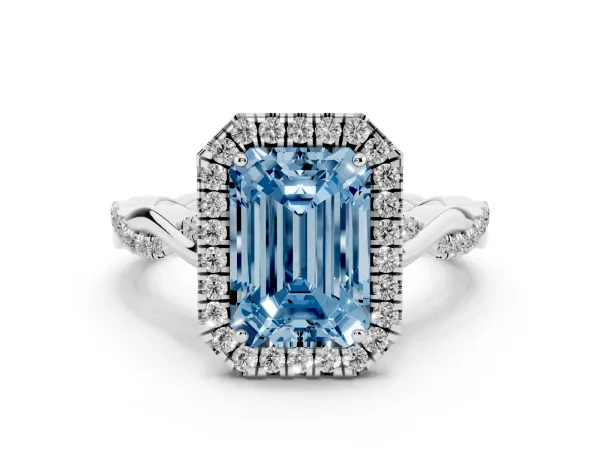 Fancy Blue Emerald Cut Halo Twist Band Solitaire Ring Platinum