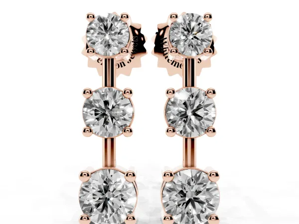 Three-Stone Round Cut Drop Earrings with Prong Setting Rose gold