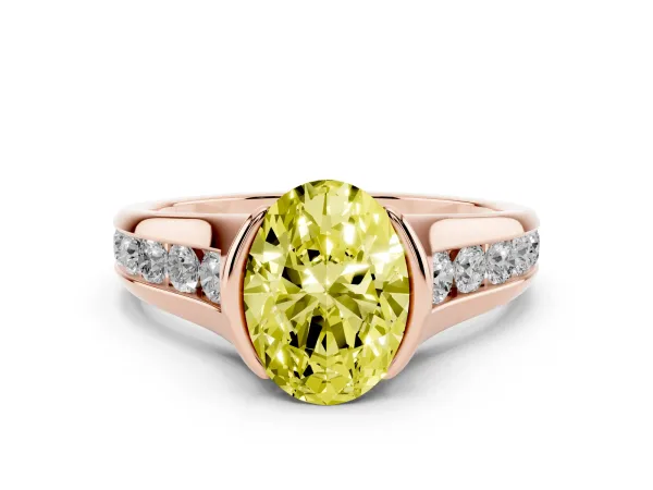 Fancy Yellow Oval Cut Solitaire Bezel-Set Diamond Ring with Channel-Set Band Rose gold