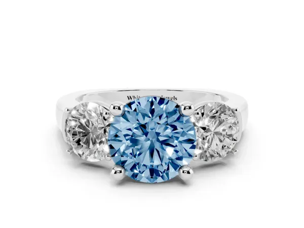 Fancy Blue Three-Stone Round Cut Brilliant Diamond Trellis Ring with Comfort Fit Band White gold