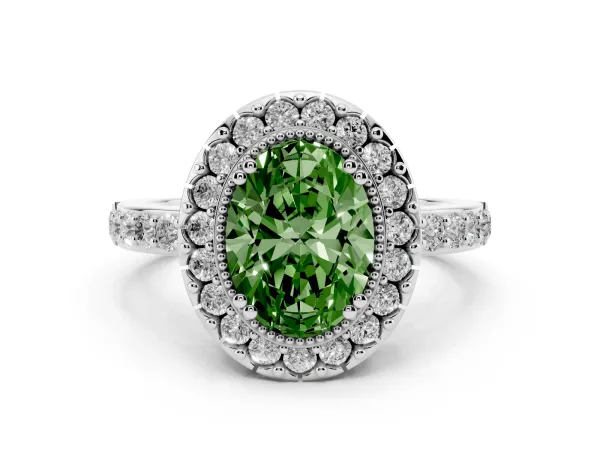Fancy Green Oval Cut Diamond Halo Ring with Pavé Band and Prong Setting White gold