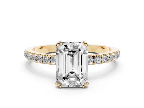 Emerald Cut Brilliant Solitaire with Pavé Band and Claw Prong Setting Yellow gold