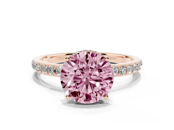 Fancy Pink Round Cut Diamond Solitaire Ring with Pavé Band and Hidden Halo Rose gold