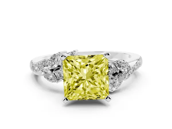 Fancy Yellow Princess Cut Solitaire Marquise Twist Band with Six-Prong Setting Platinum