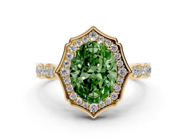 Fancy Green Oval Cut Halo Diamond Engagement Ring with Milgrain Band and Four-Prong Setting Yellow gold