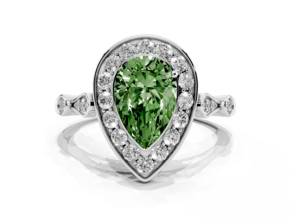 Fancy Green Pear Cut Halo Diamond Engagement Ring with Twisted Band and Four-Prong Setting Platinum