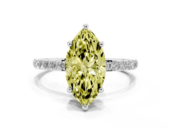 Fancy Yellow Marquise Cut Diamond Solitaire Ring with Round Pavé Band and Prong Setting White gold