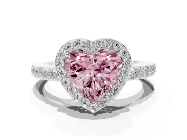 Fancy Pink Heart Cut Halo Diamond Pavé Band Ring with Prong Setting Platinum