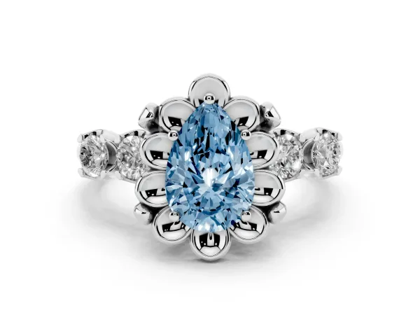 Fancy Blue Pear Cut Cut Diamond Floral Halo Engagement Ring with Shared Prong Setting Platinum