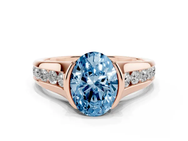 Fancy Blue Oval Cut Solitaire Bezel-Set Diamond Ring with Channel-Set Band Rose gold