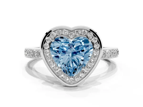 Fancy Blue Heart Cut Diamond Halo Ring with Bezel Frame and Pavé Band Platinum