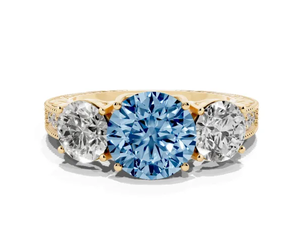 Fancy Blue Three-Stone Round Cut Cut Milgrain Pavé Engagement Ring Yellow gold