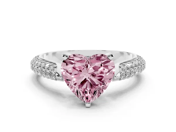 Fancy Pink Heart Cut Diamond Solitaire Engagement Ring with Multi-Row Round Pavé Band and Prong Setting Platinum