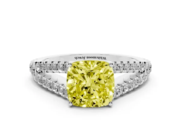 Fancy Yellow Cushion Cut Diamond Split Shank Pavé Engagement Ring with Four-Prong Setting Platinum