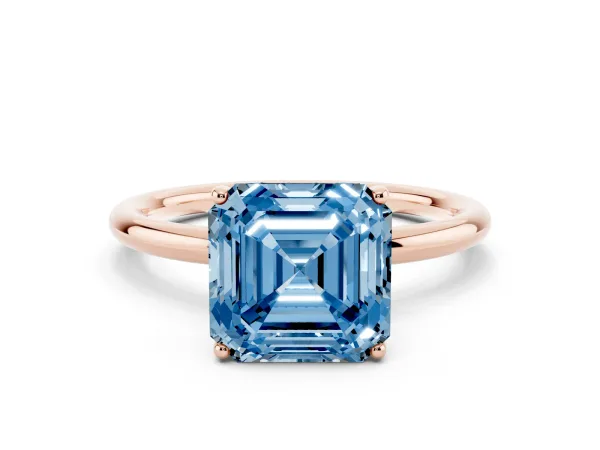 Fancy Blue Asscher Cut Solitaire Diamond Ring with a Classic Band and Four-Prong Setting Rose gold