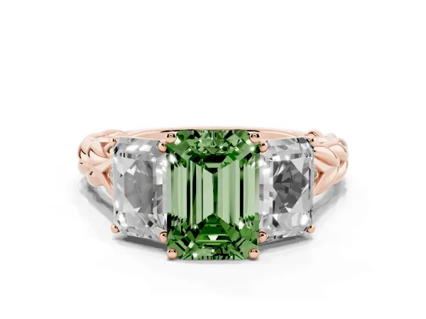 Fancy Green Three-Stone Radiant Cut Diamond Braided Band Ring with Four-Prong Setting Rose gold