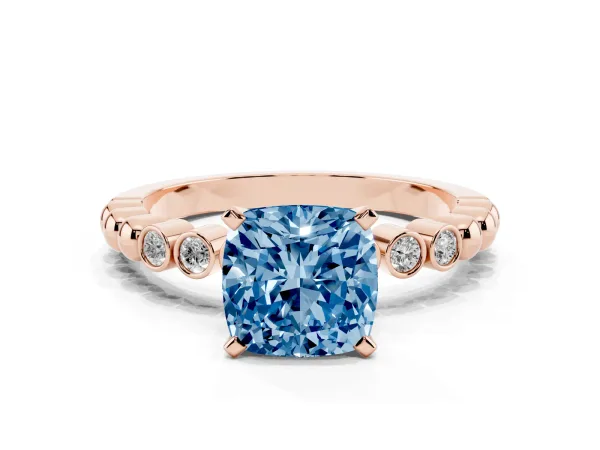 Fancy Blue Cushion Cut Solitaire Bezel Accent Diamond Engagement Ring with Beaded Band and Four-Prong Setting Rose gold