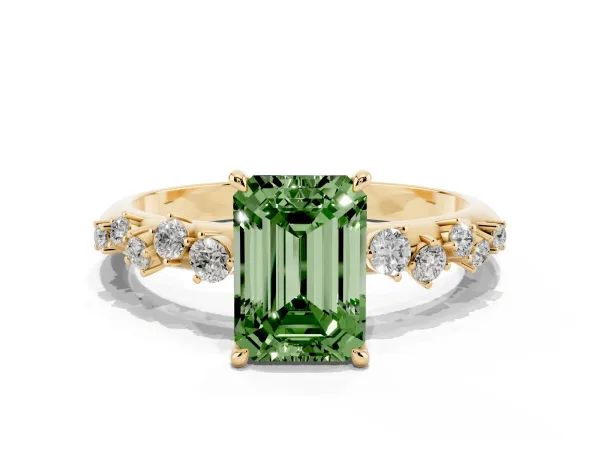 Fancy Green Emerald Cut Diamond Cluster Side Stone Solitaire Ring with Prong Setting Yellow gold