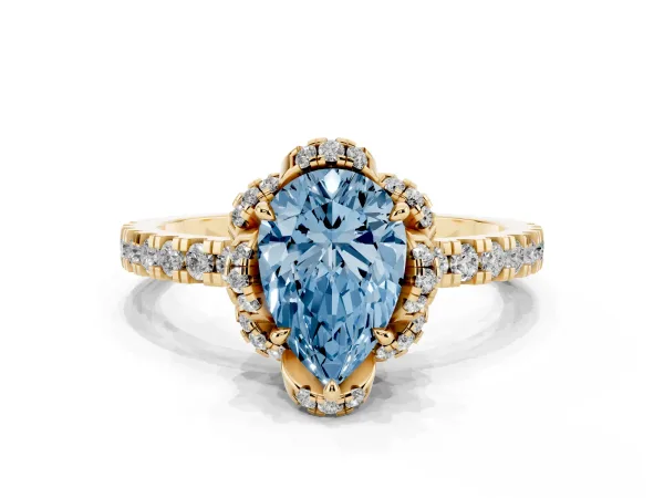 Fancy Blue Pear Cut Halo Diamond Pave Band Ring with Four-Prong Setting Yellow gold