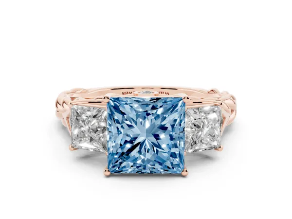 Fancy Blue Three-Stone Princess Cut Diamond Braided Band Ring with Four-Prong Setting Rose gold