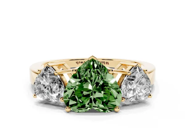 Fancy Green Three-Stone Heart Cut Cut Diamond Engagement Ring with Flat Band and Four-Prong Setting Yellow gold