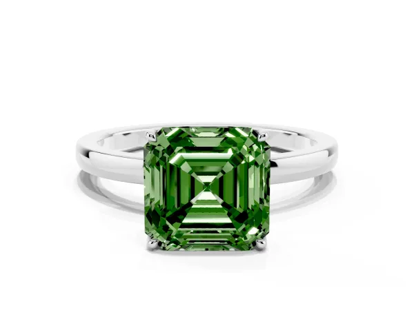 Fancy Green Asscher Cut Diamond Solitaire Ring with Thin Band and Prong Setting White gold