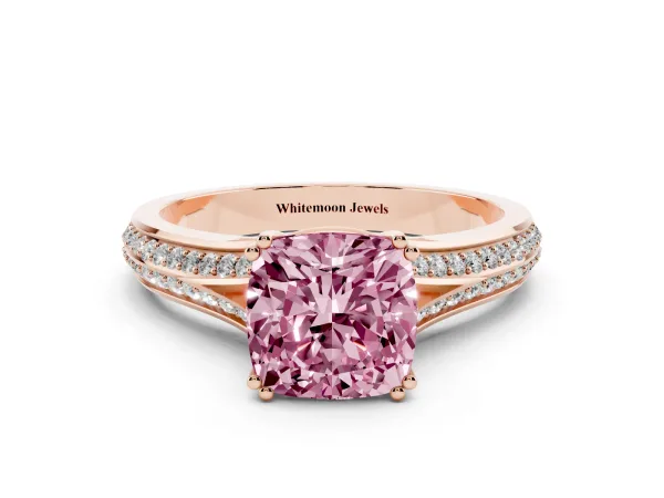 Fancy Pink Cushion Cut Diamond Split Shank Engagement Ring with Pavé Band Rose gold