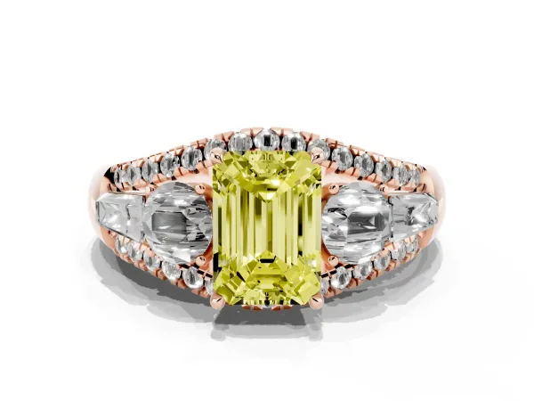 Fancy Yellow Three-Stone Emerald Cut Diamond Engagement Ring with Pave Band and Prong Setting Rose gold