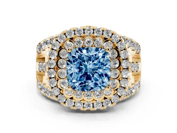 Fancy Blue Cushion Cut Diamond Double Halo Ring with Round Pavé Split Shank and Prong Setting Yellow gold
