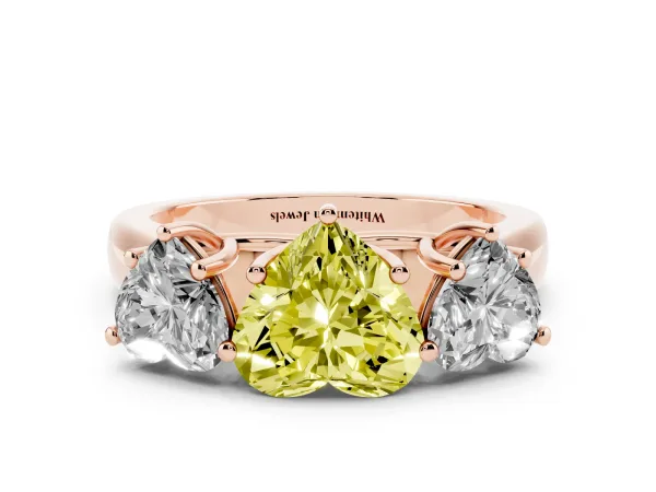 Fancy Yellow Heart Cut Three-Stone Diamond Ring with Prong Setting on a Classic Band Rose gold