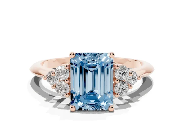 Fancy Blue Emerald Cut Cut Diamond Cluster Ring with Solitaire Band and Four-Prong Setting Rose gold