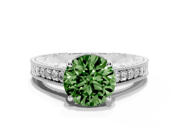 Fancy Green Round Cut Solitaire Pavé Diamond Milgrain Engagement Ring with Four-Prong Setting Platinum