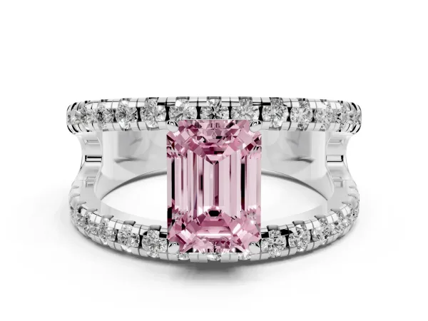 Fancy Pink Emerald Cut Solitaire Split Shank Pave Diamond Ring White gold