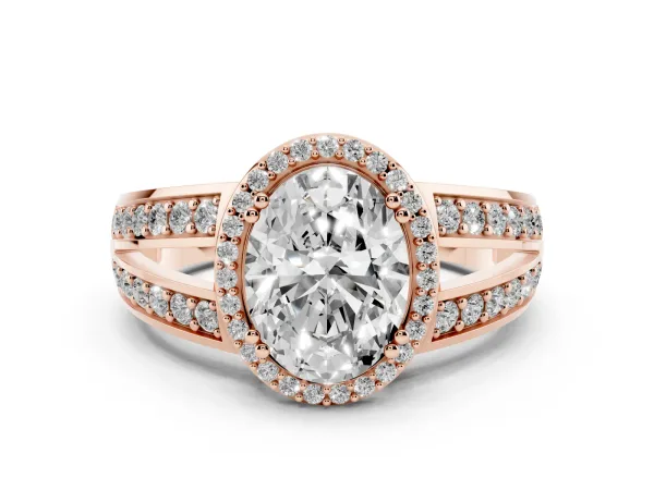 Oval Cut Diamond Halo Ring with Split Shank Pavé Band and Four-Prong Setting Rose gold