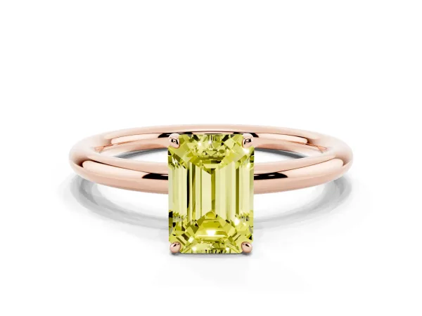 Fancy Yellow Emerald Cut Solitaire Diamond Ring with Four-Prong Setting on a Plain Band Rose gold