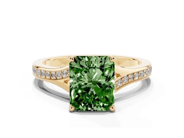 Fancy Green Radiant Cut Diamond Solitaire Ring with Pavé Band and Prong Setting Yellow gold