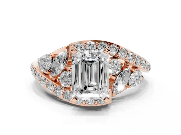 Emerald Cut Diamond Halo Ring with Marquise and Pavé Band in Prong Setting Rose gold