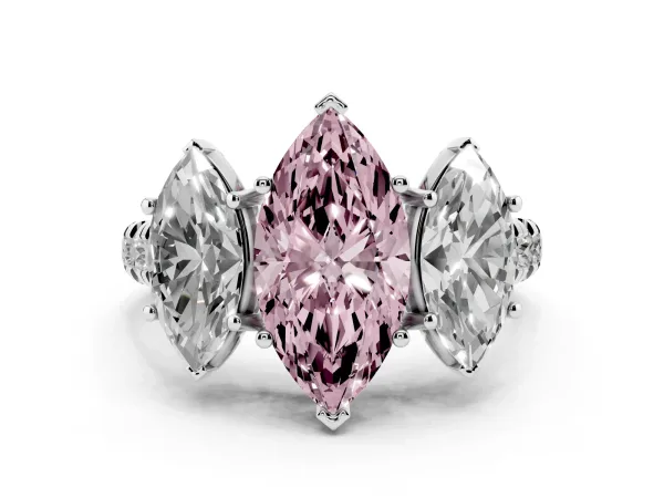 Fancy Pink Three-Stone Marquise Cut Diamond Pavé Band with Prong Setting Platinum