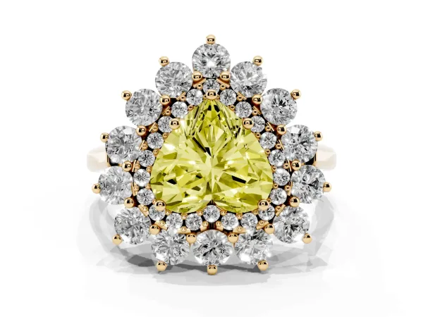 Fancy Yellow Heart Cut Diamond Floral Double Halo Engagement Ring with Prong Setting Yellow gold