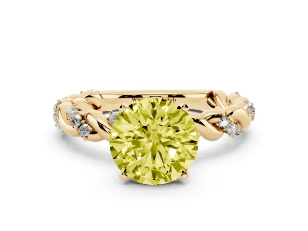 Fancy Yellow Round Cut Diamond Solitaire Ring with Twisted Band and Pavé Accents Yellow gold