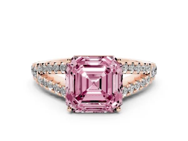 Fancy Pink Asscher Cut Diamond Split Shank Pavé Engagement Ring with Four-Prong Setting Rose gold